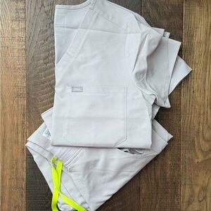 Figs Light Gray Scrub Set with Neon Yellow Trim